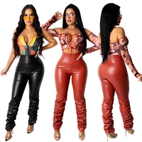 sexy pu leather stacked pants for women elastics waist fashion pleated bottoms matching night club outdoor streetwear trousers