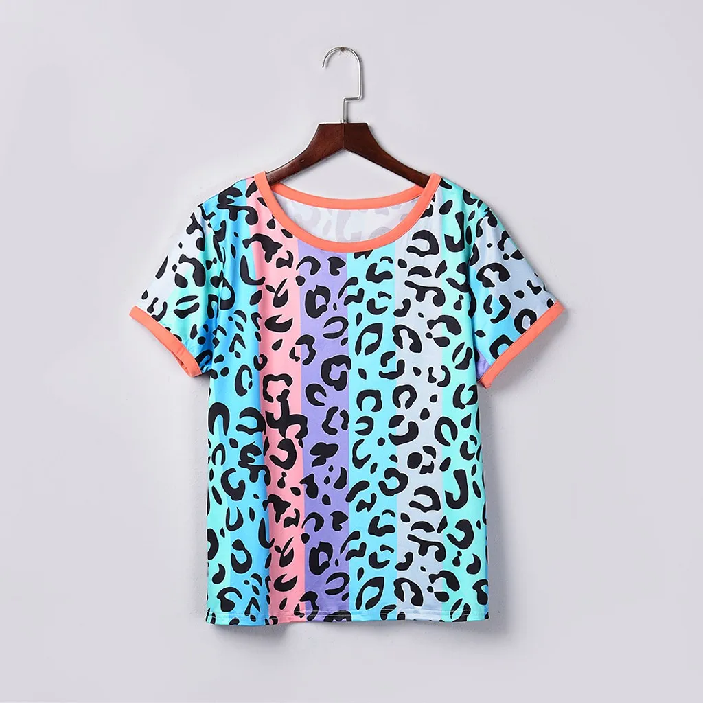Женские топы стильные цветные леопардовые свободные круглый вырез летние реглан