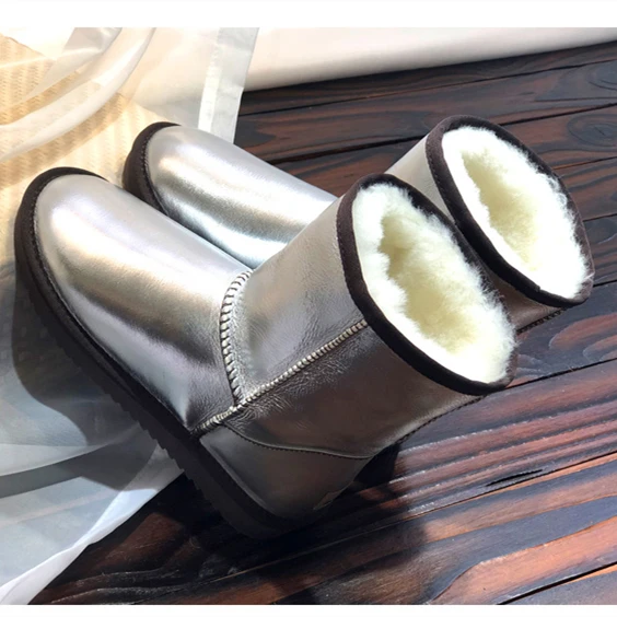 silver mid-calf Ботинки из натуральной овечьей кожи; женские ботинки из овечьей шерсти в австралийском стиле; зимние ботинки из водонепроницаемой кожи; нескользящая женская обувь до середины икры - Цвет: silver mid-calf