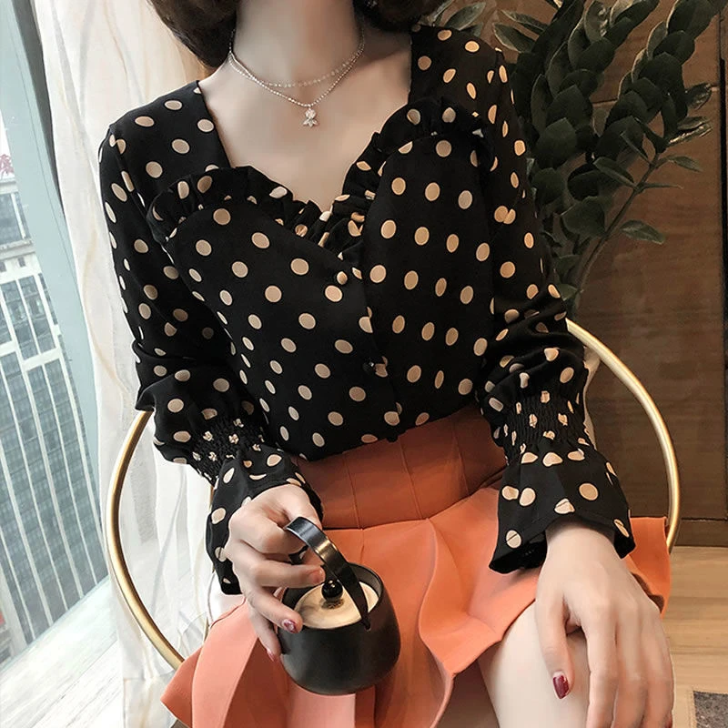 Женская шифоновая блузка с длинным рукавом Повседневная Блузка в горошек