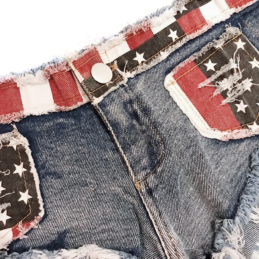 Super Women Denim Shorts Summer Mini Shorts USA Flag Print Sexy Hole Destroyed Jeans Booty Short Pants Feminino Oversized