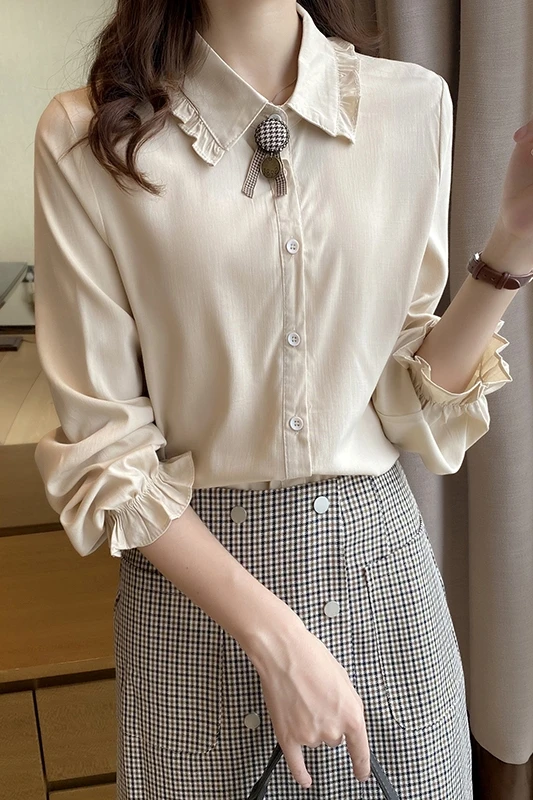 

New Long-sleeved Blouse Lapel Buttons Splicing Solid Color Cotton Comfortable Fashion Tops Casual Shirt 2021Houthion Office Lady