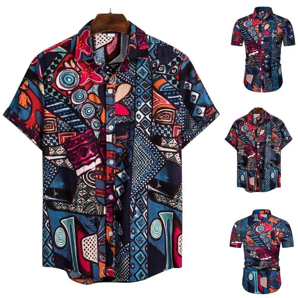 

Mens Ethnic Short Sleeve Casual Cotton Linen Printing Hawaiian Shirt Blouse Couple loose Fit Hawaii Vintage African Print