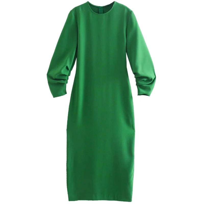 

Fashionable Women's Dress 2021 New Design A Type Green Long Sleeve Dress Split Pure Color Dress