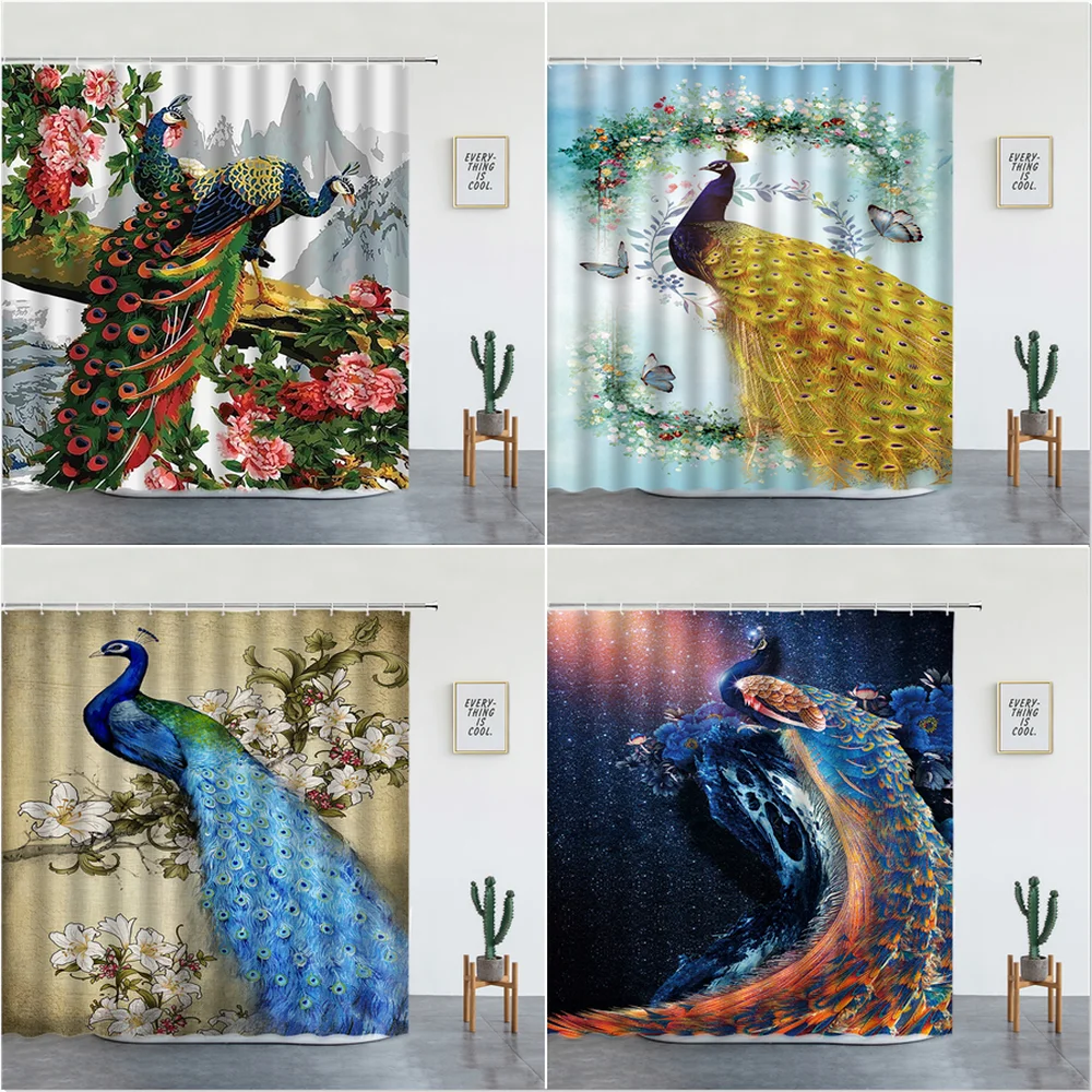 

Peacocks Shower Curtains Colorful Birds Chinese Style Flowers Scenery Bathroom Decor Bathtub Screen Waterproof Fabric With Hooks