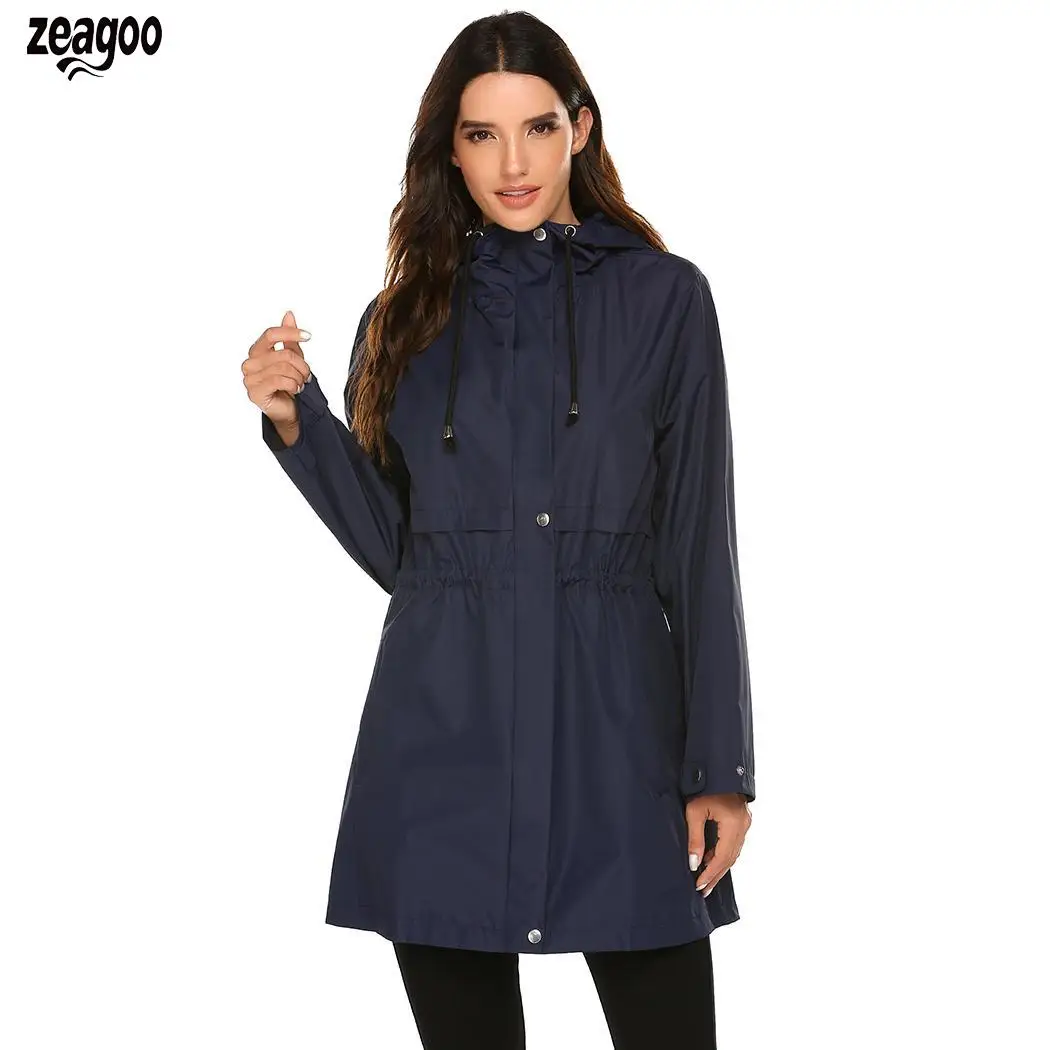 navy blue Женская Повседневная с капюшоном с длинным рукавом, однотонная Весенняя/осенняя молния, на пуговицах, на шнурке, на бедрах, ветровка, дождевик - Цвет: navy blue