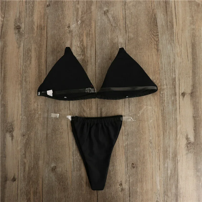 

Hot Summer Women Transparent Straps Halter Neck Solid Micro G-String Bikini Set Bra Thong Sexy Push up Swimwear Bathing Swimsuit
