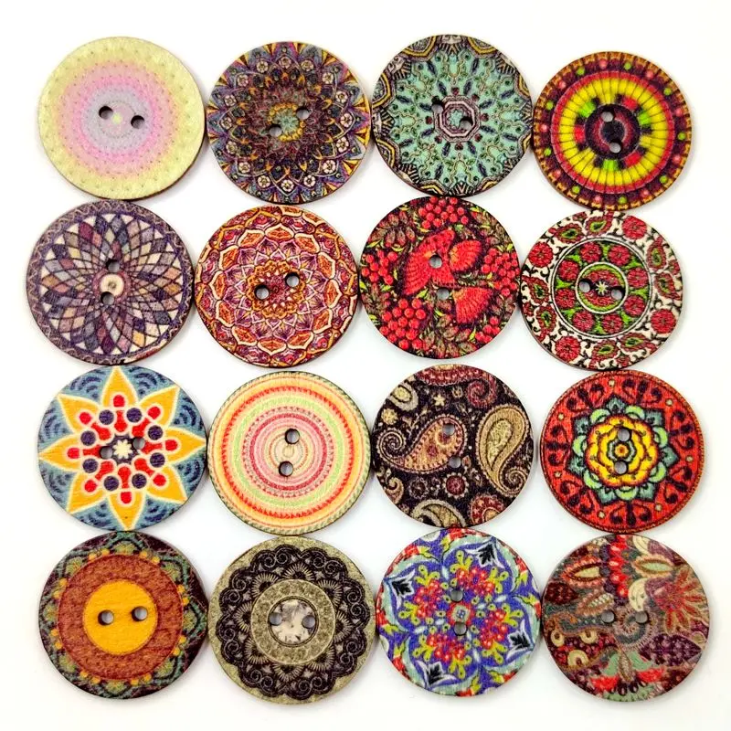 

100pcs Popular Vintage Wooden Buttons Printing Bohemian Style Decorative Buttons for Crafts Fashion Wooden Scrapbooking Buttons