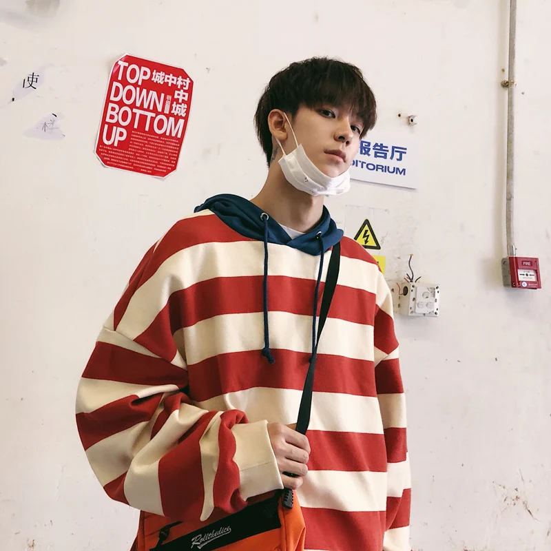 Мужские пуловеры в полоску Свободные повседневные толстовки с капюшоном стиле