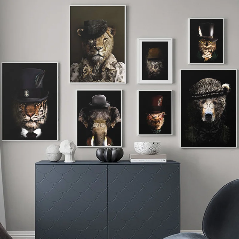 

Animals In Hats Canvas Painting Lion Elephant Bear Gorilla Posters and Prints Wall Art Pictures for Living Room Home Decoration