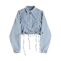 2022 autumn pleated button denim jacket womens hip hop street style cropped hot selling drawstring breasted denim coats female