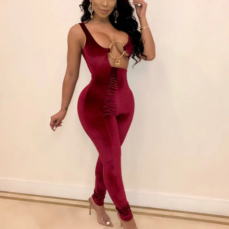 Женский бархатный комбинезон размера плюс Облегающий с вырезом спереди женский s