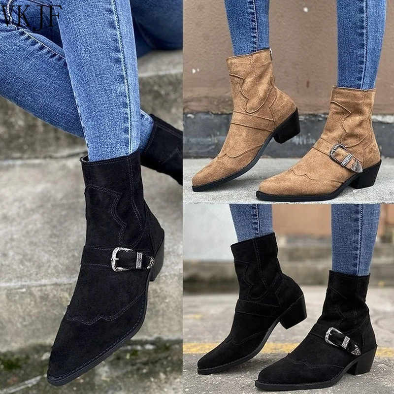 

2021 Women Boots Flock Pointed Toe Mid Heel Ankle Boots Buckle Back Zipper Sewing Casual Shoes Ladies Roman Comfort Plus Size