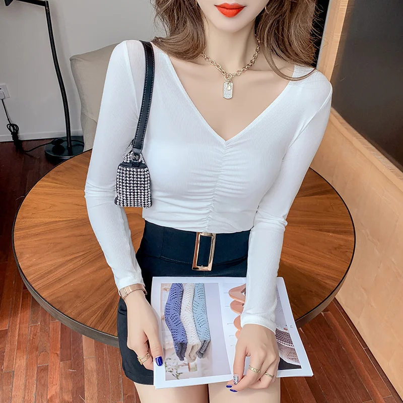 

Футболка женская с V-образным вырезом, пикантный хлопковый топ с длинным рукавом, повседневная одежда, на осень