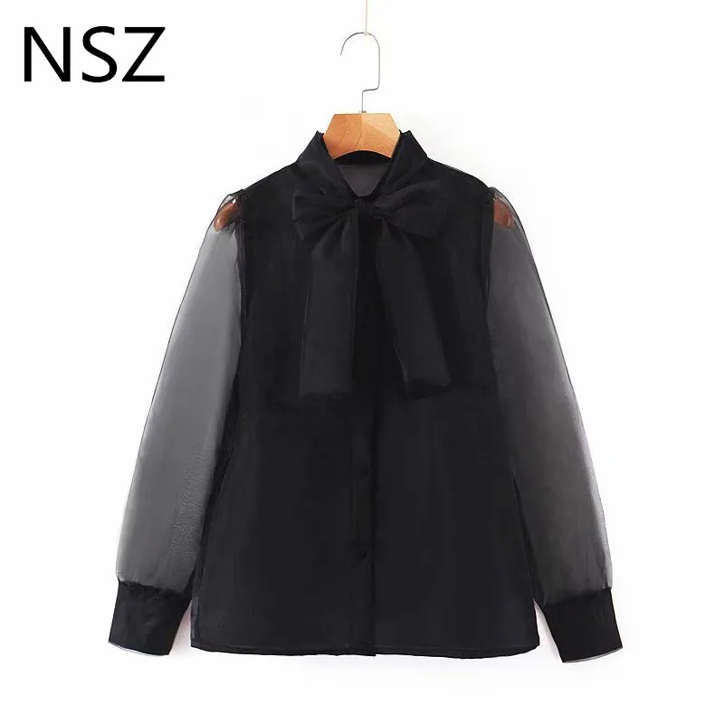 NSZ Женская Черная блуза из органзы Сексуальная рубашка с длинными рукавами