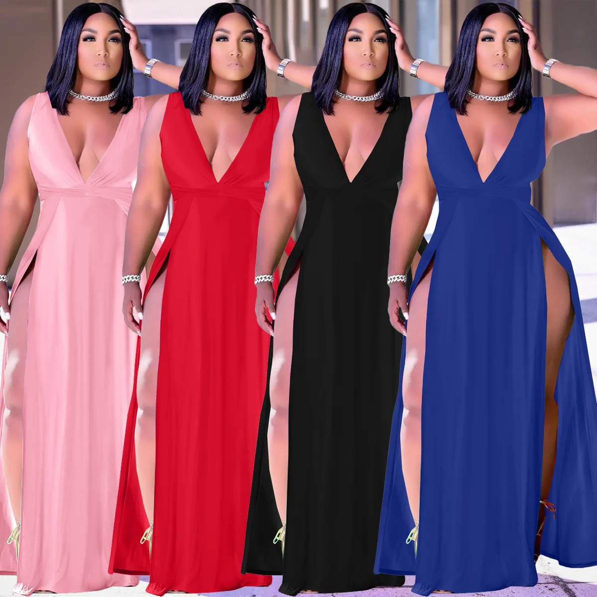 

Summer Ladies Dress Sexy Sleeveless V-neck High Waist Dress Fashion Casual Pure Color Irregular Long Dress Women