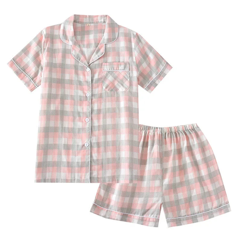 

2 Piece Set 100% Cotton Men's Pajamas Summer Plaid Couple Homewear Short Sleeve Tops With Shorts Sets Soft Casual Sleepwear 2021