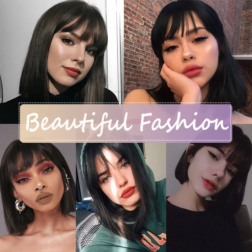AILIADE Synthetic Straight Short Bob With Bangs Wigs For Women Medium Length Natural Black Heat Resistant False Hair | Шиньоны и парики