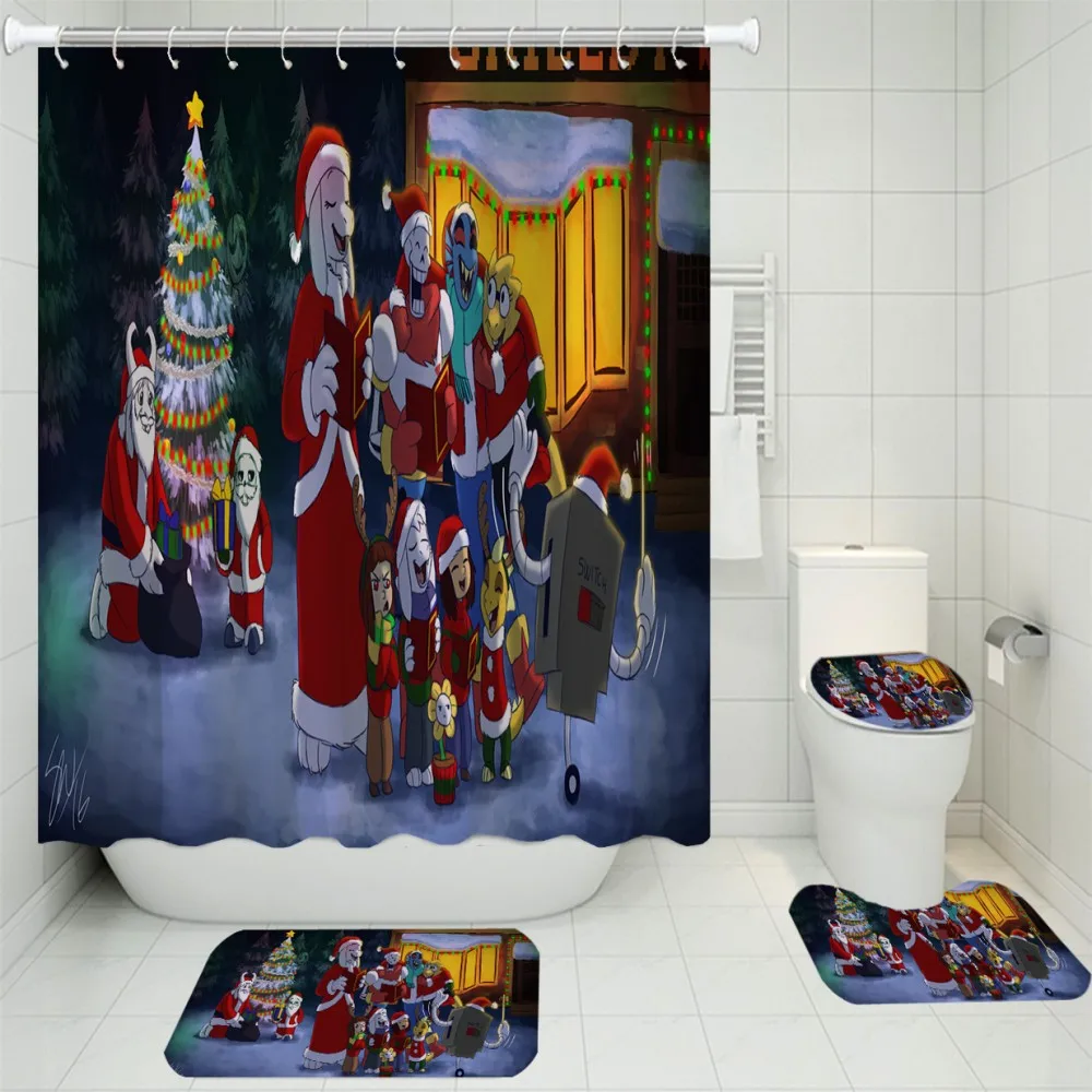 

3/4 Pieces Merry Christmas Shower Curtains Sets Santa Claus Carpet Toilet 3D Print Bathroom Mat Sets Festival Holiday Toilet Mat