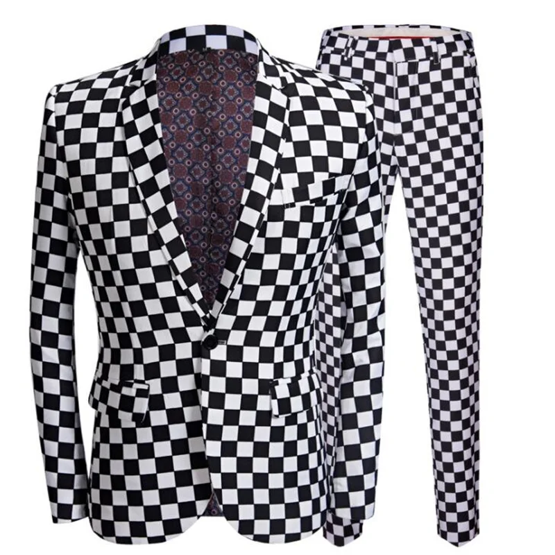 

Black white plaid print suit jacket men's blazers homme casual dress host hair stylist flower clothes платье пиджак clothing