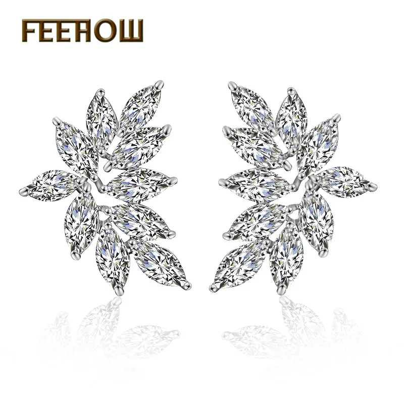 White Color FEEHOW высококачественные серьги-гвоздики в форме цветка из прозрачного кубического циркония для женщин, модные свадебные ювелирные изделия FWEP2233 - Окраска металла: White Color