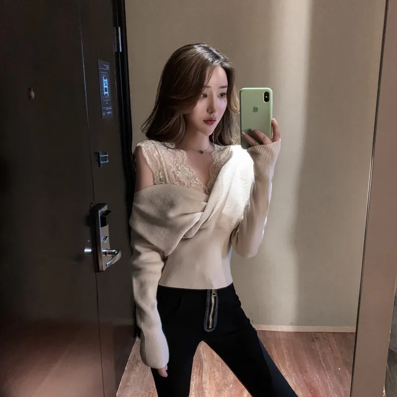 Новинка 2019 Женский пуловер имитация двух частей тонкий свитер женский кружевной