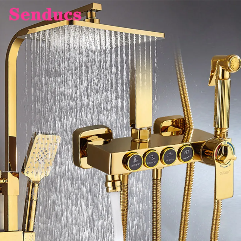 

Bathroom Gold Shower System Senducs Quality Brass Bathtub Mixer Tap 12 Inch Rainfall Shower Head Gold Thermostatic Shower Set