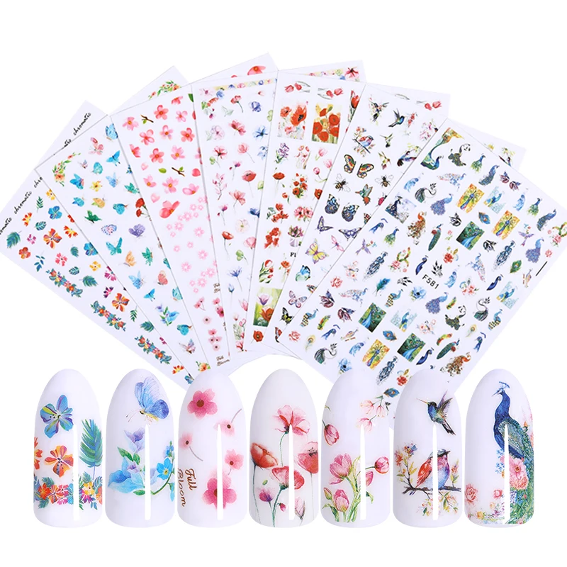 Красочные Водные Наклейки для ногтей цветок бабочка Павлин тропическая идея