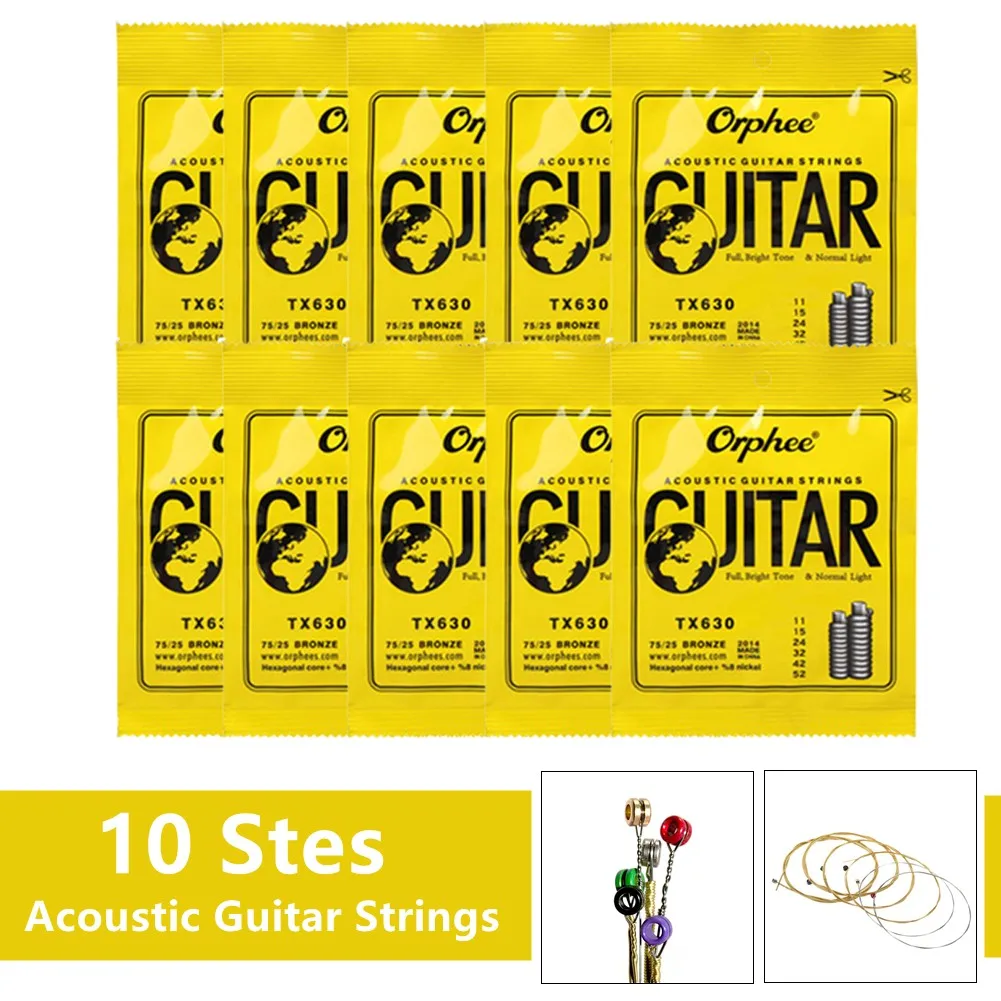 

10 Sets Orphee TX630 011-052 Acoustic Guitar Strings Hexagonal Core+8% Nickel Bronze Bright Tone Extra Light Guitar Accessories
