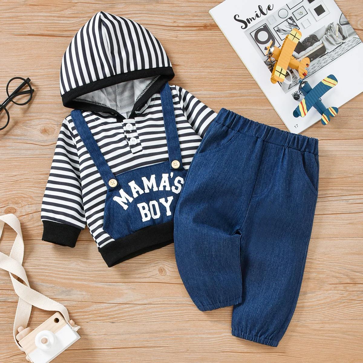 

PatPat 2pcs Baby Boy/Girl Letter Print Striped Long-sleeve Faux-two Hoodie and 100% Cotton Denim Pants Set
