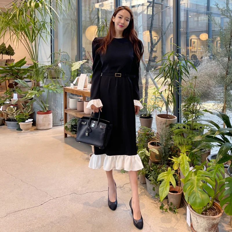 

Puff Sleeve Dress 2021 Autumn Wear Gentle Korean Style Waist-Tight Flounce Dress
