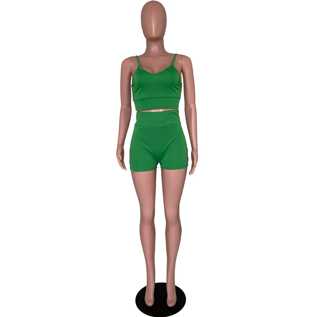 

2021 Women Two Piece Sweatsuit Summer Tracksuit Spaghetti Strap Cami Crop Top High Waist Biker Short Sexy Birthday Party Outfits
