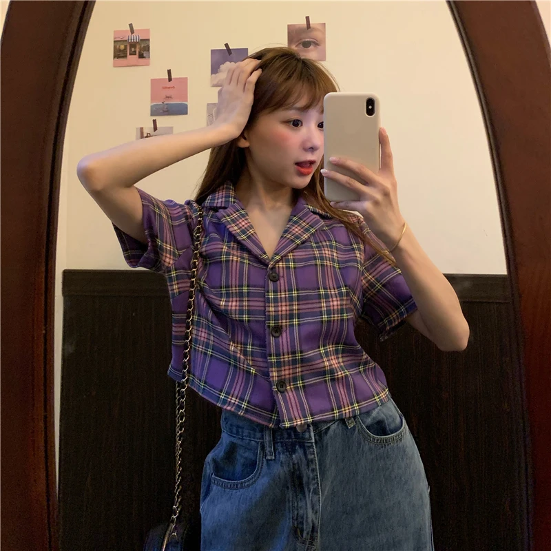

Korean style crop top womens tops ladies plaid shirts women button up shirts short sleeve blouses women plaid tops kawaii