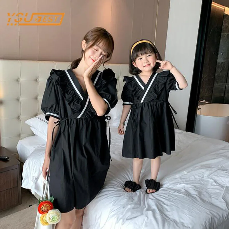 

Платье с коротким рукавом для мамы и дочки, милое однотонное семейное платье, летняя семейная одежда, одинаковые наряды