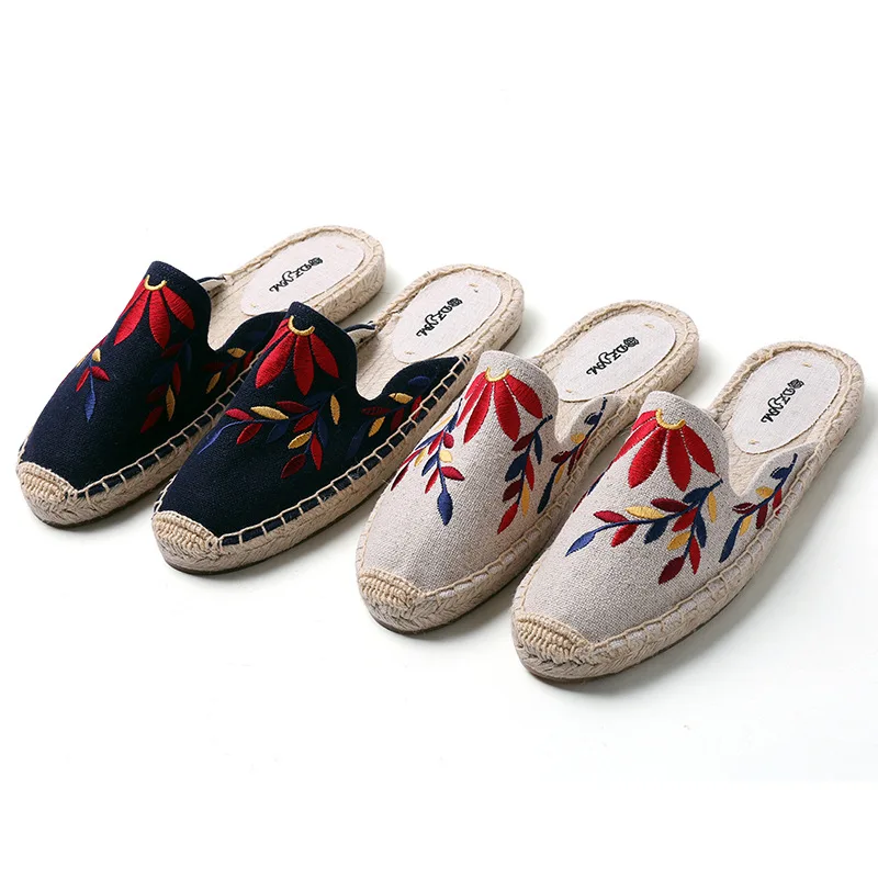 

Women's High-quality Straw Woven Embroidered Slippers Spring Summer Ethnic Canvas Lazy Sandals Breathable Fashionable Slippers