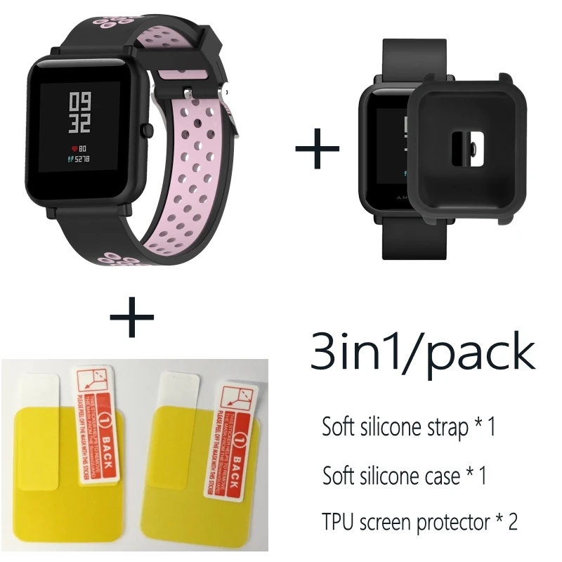 Black pink-Black 3в1 Для Xiao mi Hua mi Amazfit Bit ремешок BIP PACE Lite Молодежные умные часы mi Fit braceket+ силиконовые полосы+ мягкий чехол+ 2 пленки для экрана - Цвет: Black pink-Black