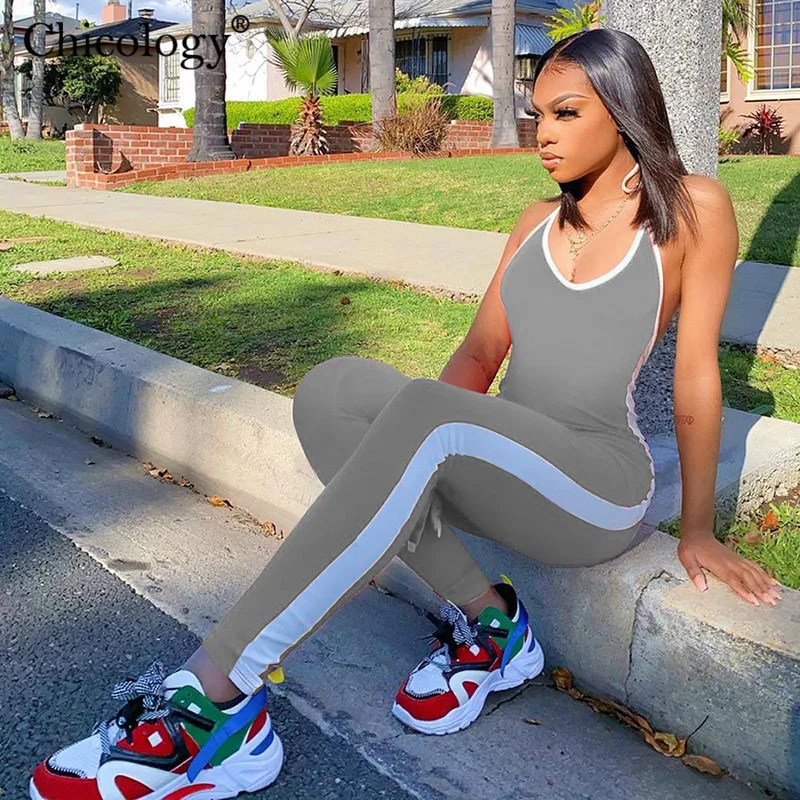 Chicology halter backless side stripe fashion jumpsuit neon sleeveless sportswear women 2020 summer streetwear lady sexy outfits | Женская