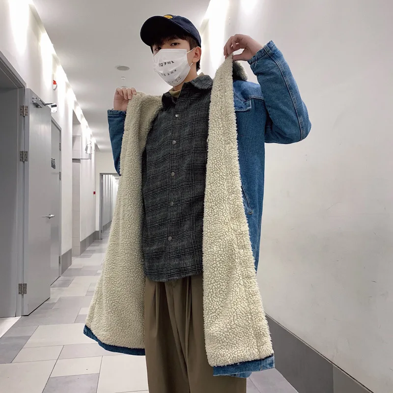 Мужская джинсовая куртка синяя с шерстяной подкладкой Теплый удлиненный