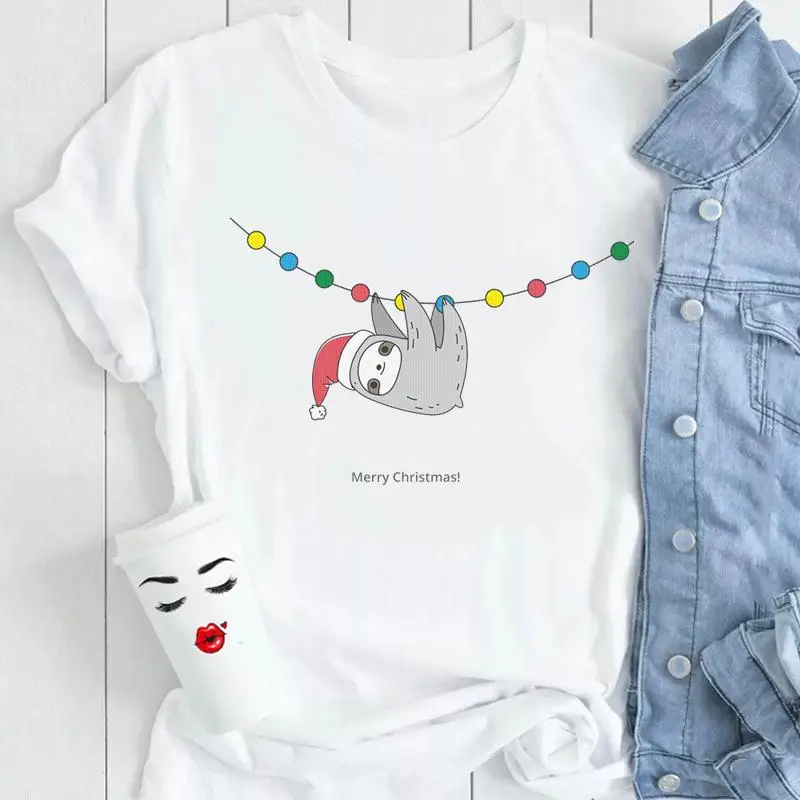 

Женская рождественская одежда Ленивец с забавными животными на новый год модная женская одежда с мультяшным принтом топы футболки футболк...