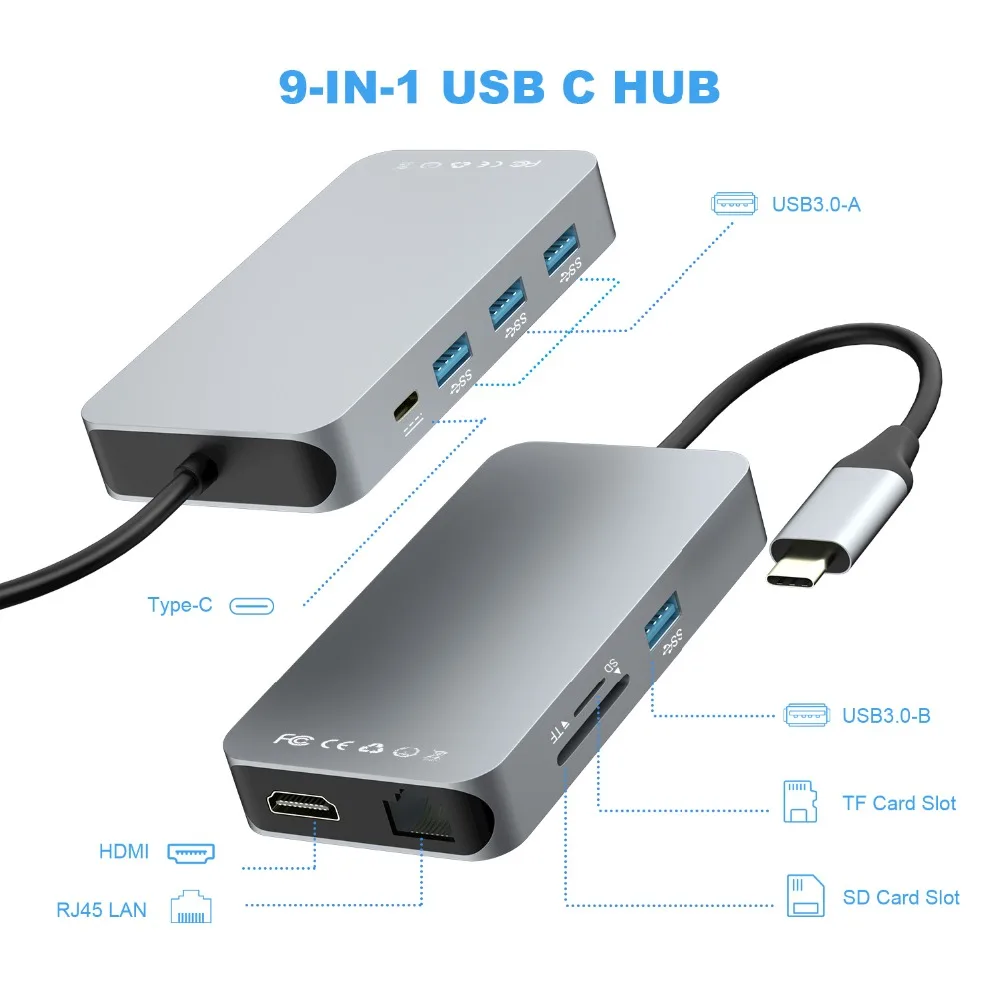 9 в 1 Тип C на HDMI/RJ45/HDMI 4K концентратор USB/SD/TF многофункциональная док-станция для Macbook Pro samsung S9 thunderbolt 3 USB C