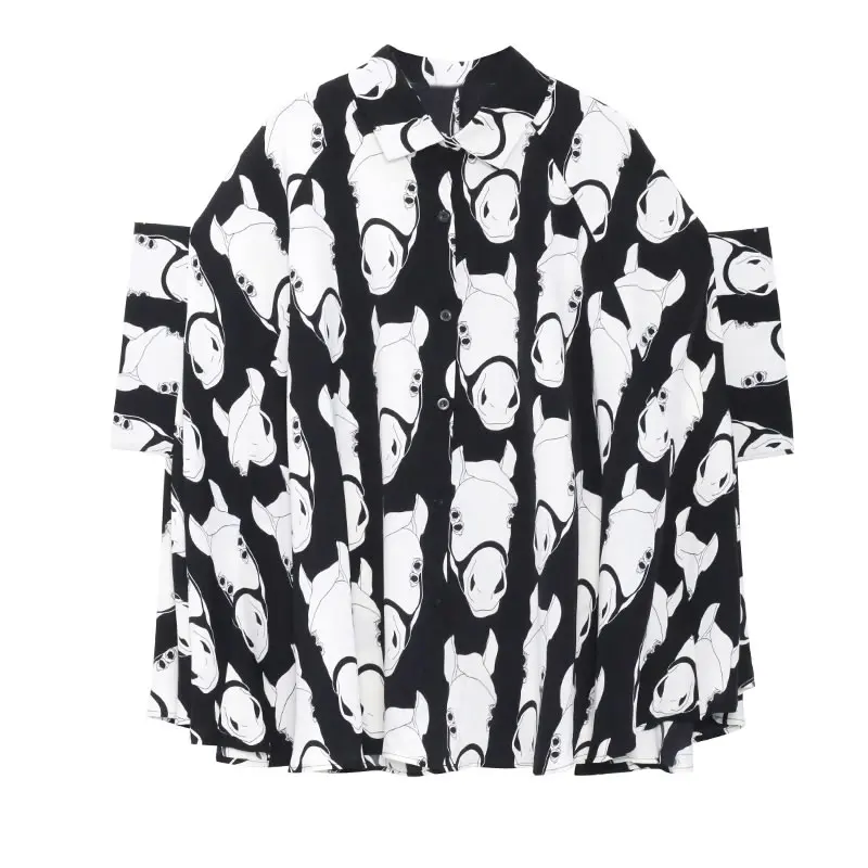 

XITAO Contrast Color Print Women Shirt Top Summer Fashion Loose Polo Collar Batwing Sleeve New Street Trendy All-match WMD1688