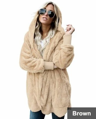 Faux Fur Coat Women 2020 Autumn Winter Warm Soft Long Fur Jacket Outwear Plush Overcoat Pocket Buttonless Cardigan with hood