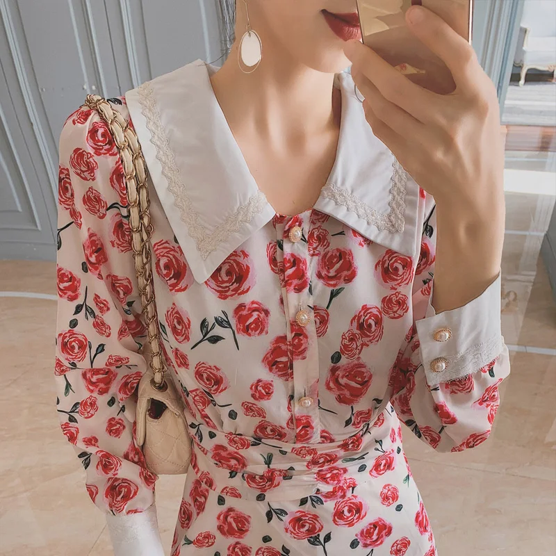 

Spring Summer High quality Vintage Button Floral Print Dress New Fashion Long Sleeve Party Dresses Women Clothes Vestidos