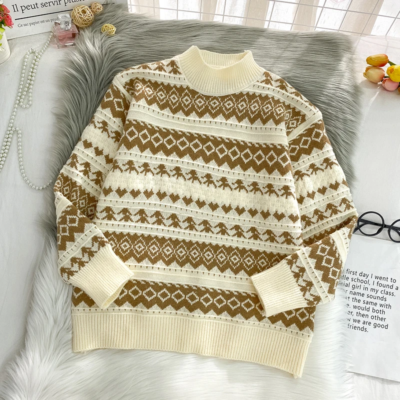 

Women Sweater Autumn Winter New Striped Sueter Mujer Preppy Style Turtleneck Long Sleeve Pullovers Vintage Hit Color Knit Tops