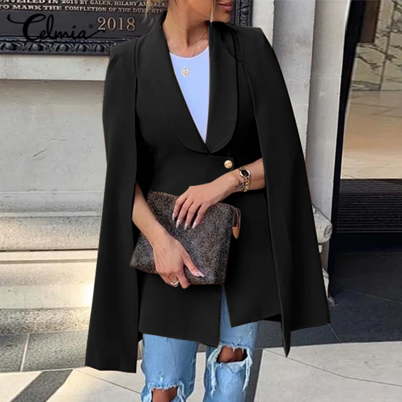 

Celmia Women Street Ponchos 2022 Fashion Autumn Winter Office Lightweight Outerwear Buttons Casual Turndown Collar Suit Capes