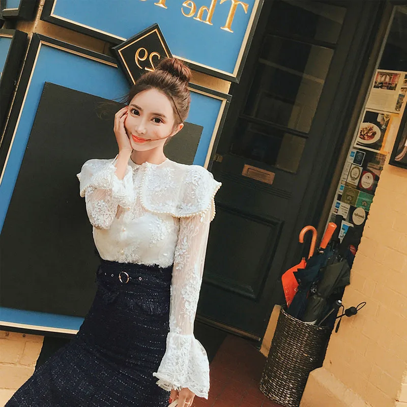 2020 Фирменная Новинка жемчуг Бисер отложным воротником кружевная рубашка с