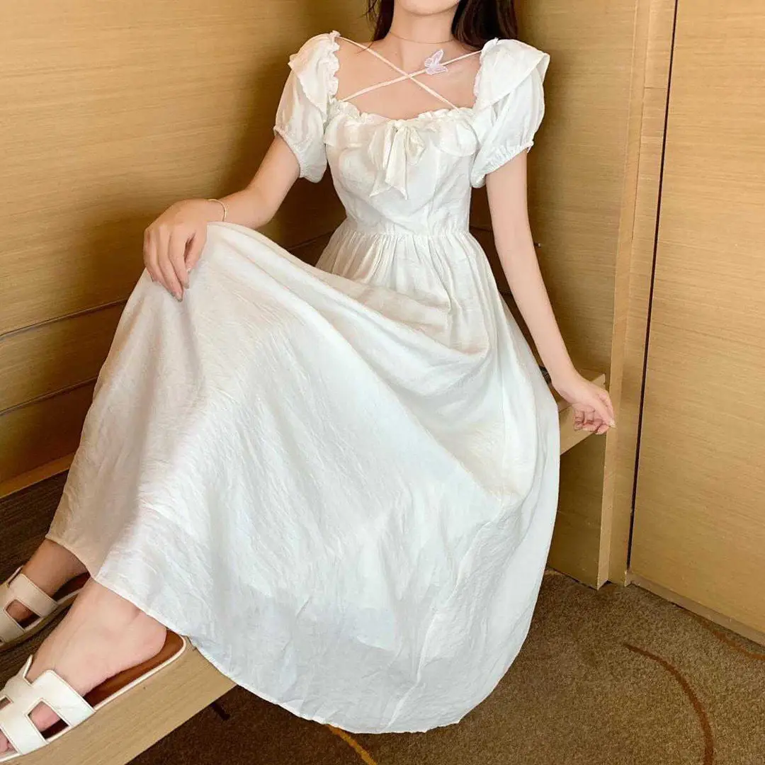 

Sweet Girl Summer Korea Sexy Elegant Woman Gentle Vintage White Fairy Dress Square Collar Niche Design Mori Girl Courtly Dress