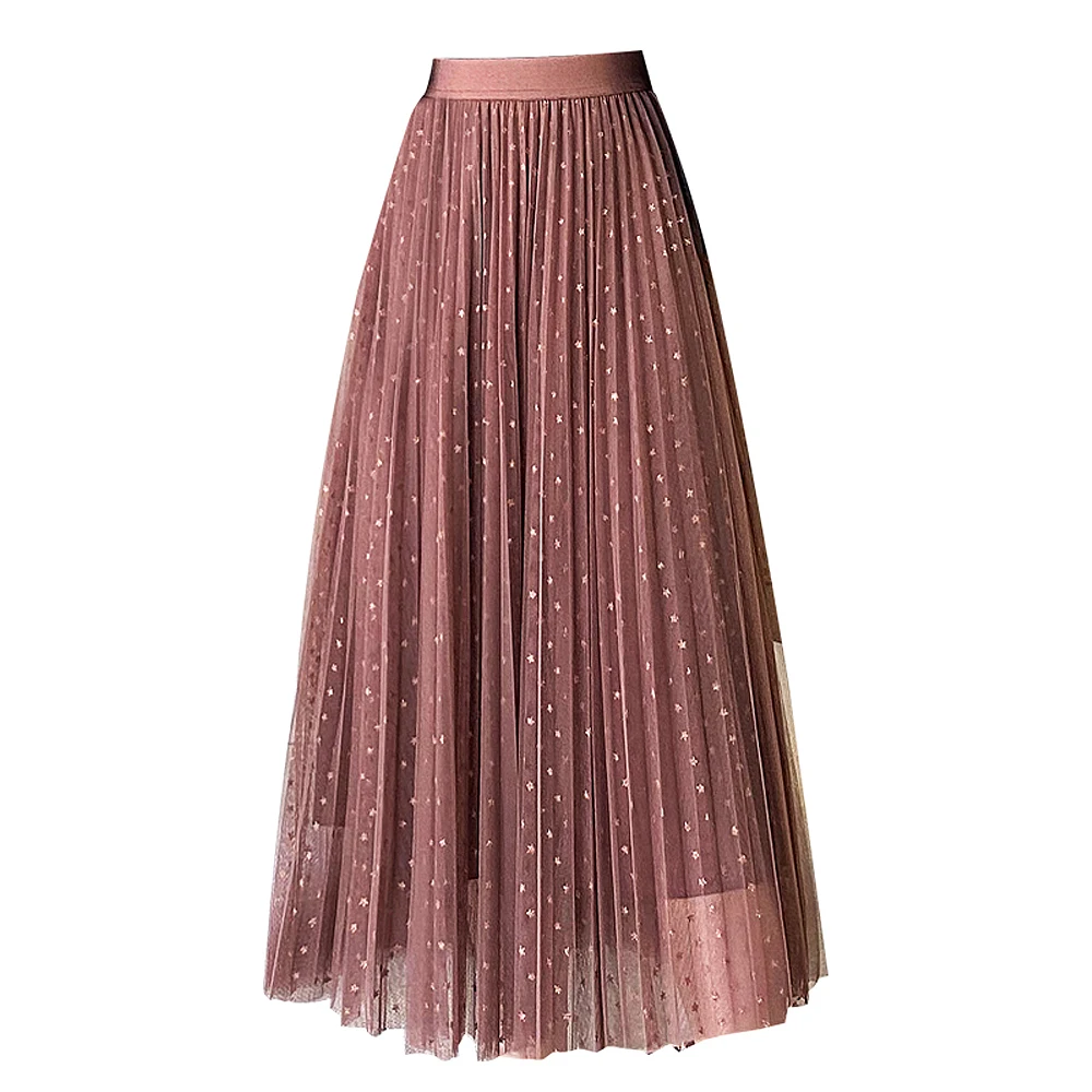 

Spring Autumn Winter Trend FeminArt Girl High Quality Woman's Vintage High Waist Slim Long Tulle Midi Pleated Skirts Femme