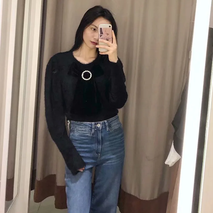 Women Long Sleeve Casual Warm Sweater Female Knit Jumpers Top Autumn Winter Bow Sexy Thick Sweater Pullovers O-Neck Full