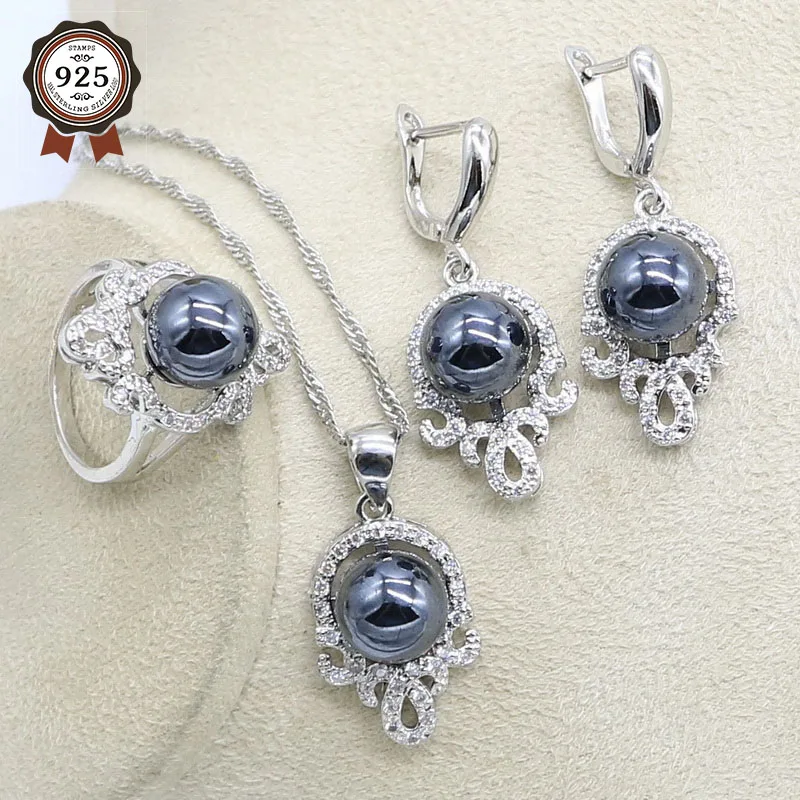 Серебряная бижутерия для невесты черный жемчуг набор украшений женщин кольцо